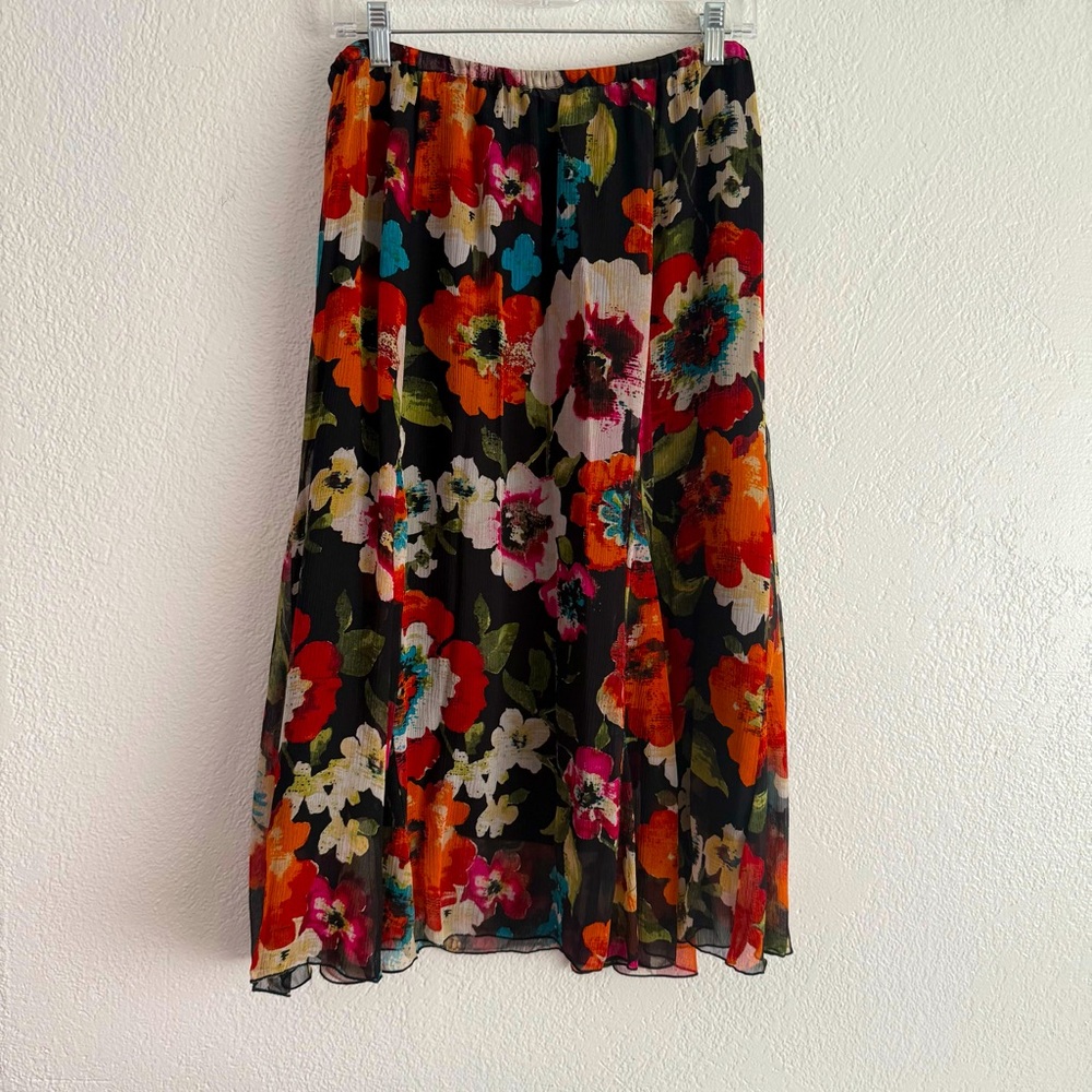 Chicos Silk Midi Skirt Size Large 2 Multicolor Floral Flowy Skirt Lightweight